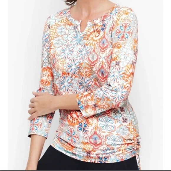 T By Talbots Orange Freshwater Medallion Split Neck Ruched Side Top Medium EUC - Picture 1 of 10